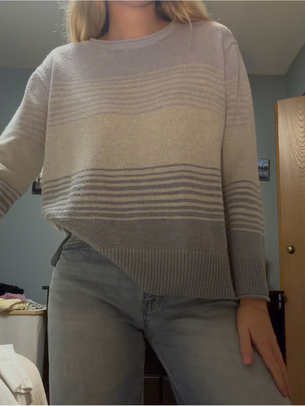 Ella Light Blue and Cream Striped Crewneck Sweater